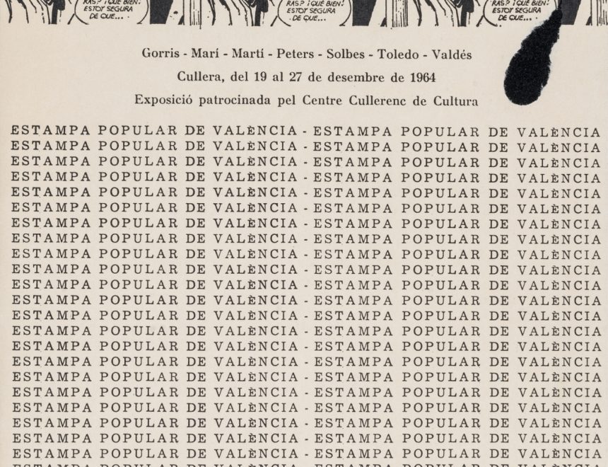 Panfleto de la exposición de Estampa Popular de Valencia en el Salón de Actos de la Jefatura Local de la Falange en Cullera, Diciembre, 1964