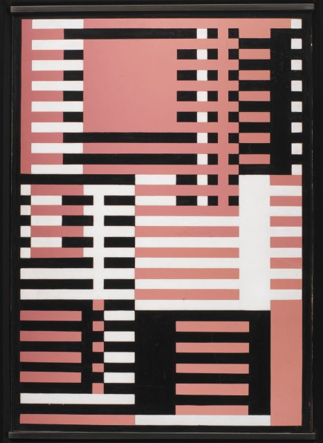 Josef Albers Goldrosa, ca. 1926 Sandblasted flashed glass with black paint 17 3/4 x 12 3/4 in. (45 x 32.4 cm) The Josef and Anni Albers Foundation